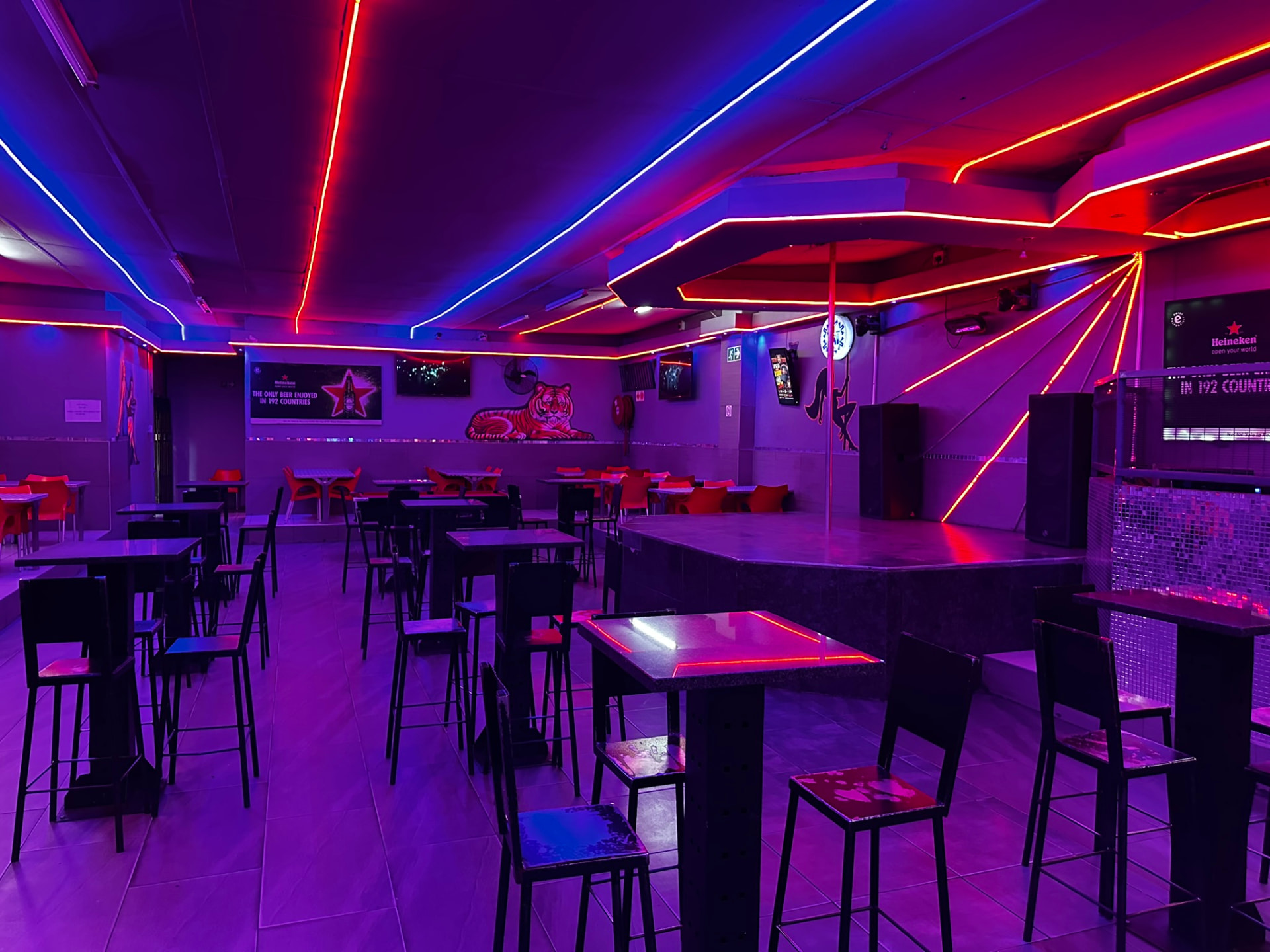 Cheeky Tiger Germiston main floor with stage, neon ceiling and tiger mural
