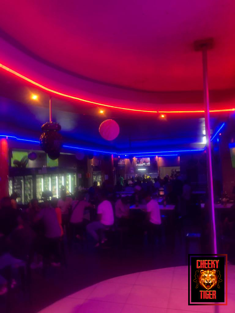 Packed dance floor under the red neon ceiling ring at Cheeky Tiger Noord Street