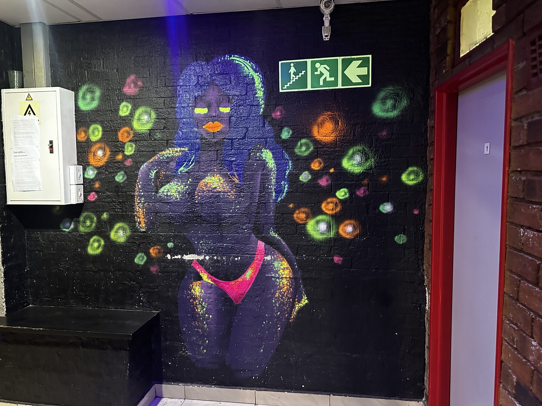 UV mural of a glowing figure on the brick wall at Cheeky Tiger Diepkloof Hotel